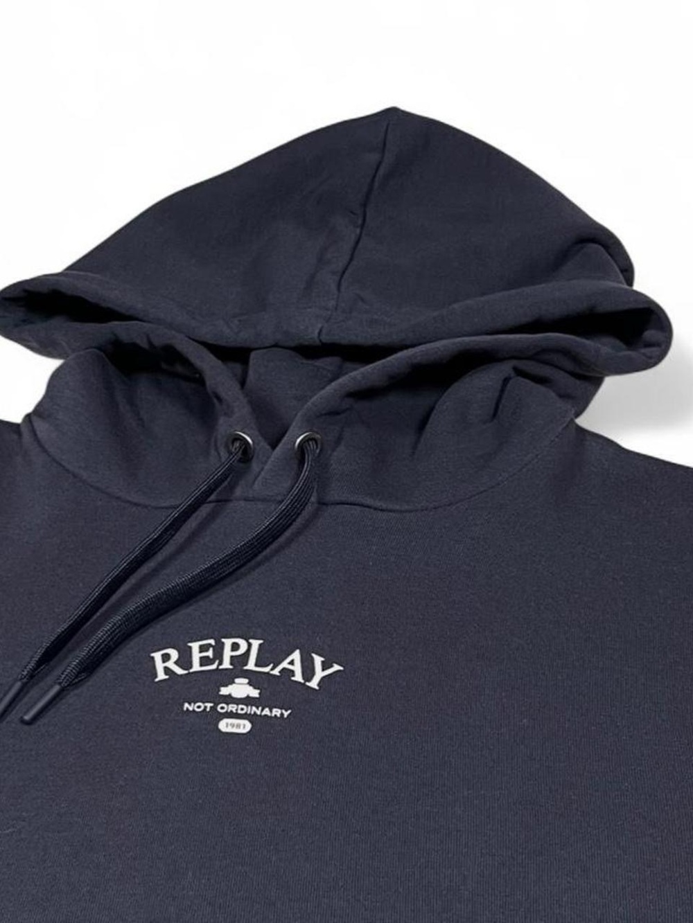 NWOT REPLAY Steel Blue Hoodie Size XL Pocket White Logo Streetwear Campus Winter